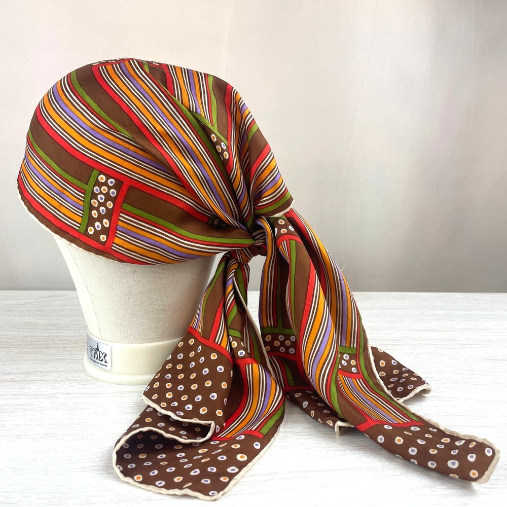 Vintage BURMEL Rectangle 13x46 Neck Scarf Mod Silk‎ Graphic 60s Brown Stripe Dot - Picture 3 of 7